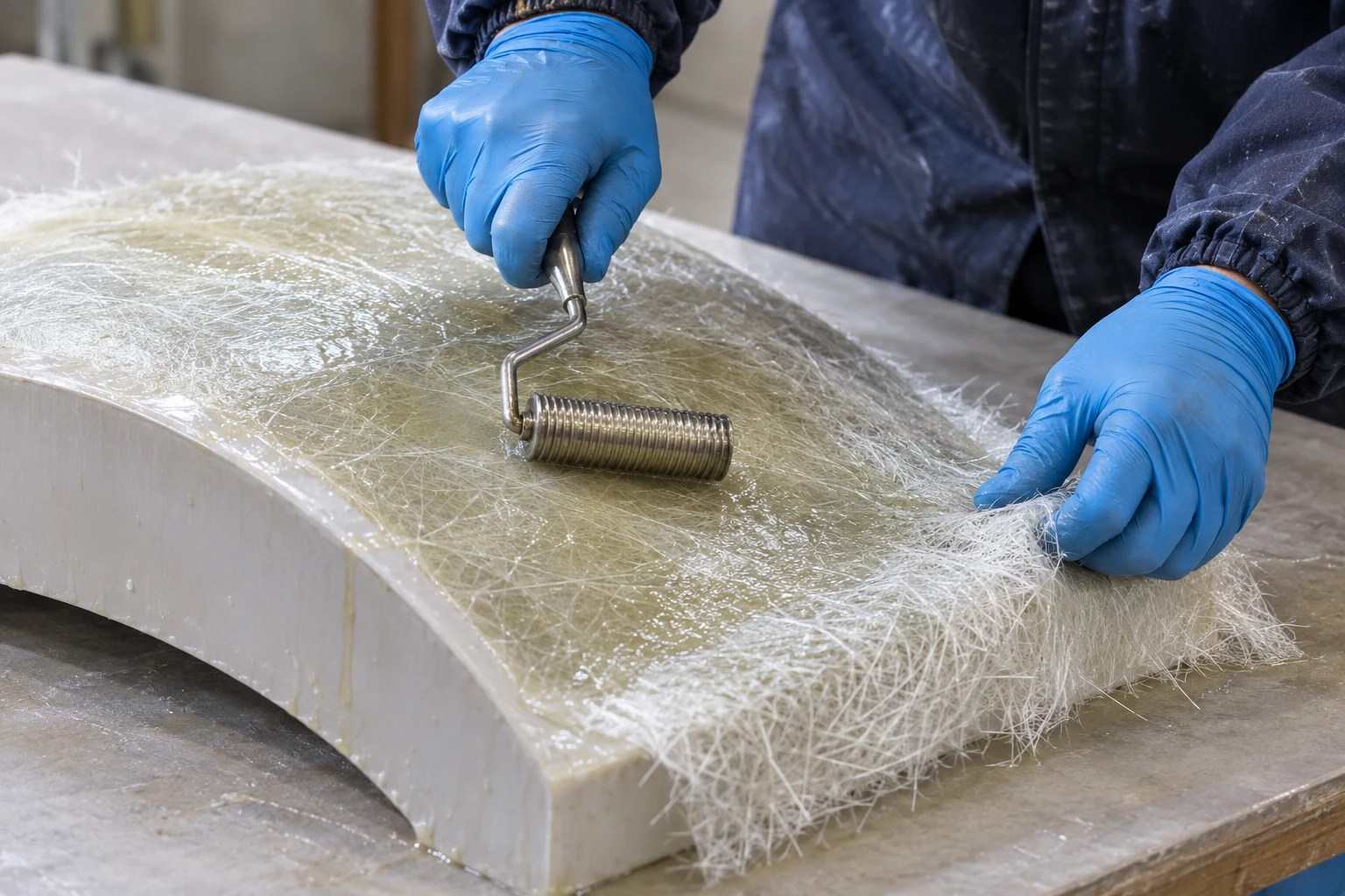 Elyaf ve reçineyle kalıp üzerinde fiberglass laminasyon işlemini gösteren temsili görsel